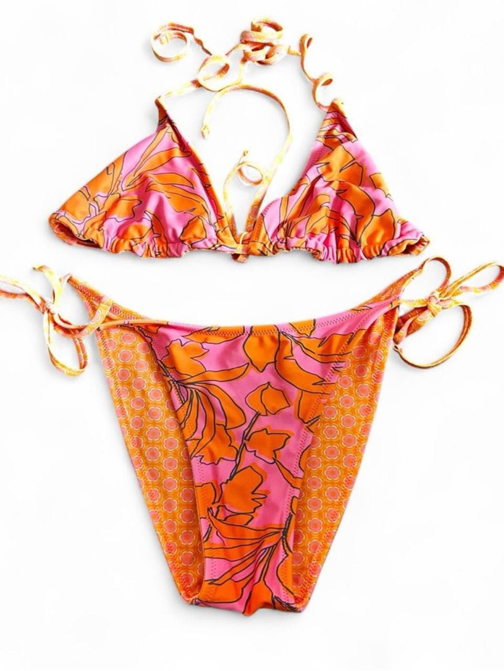 Women’s Floral Tie-String Bikini Top and Bottom - Pink & Orange